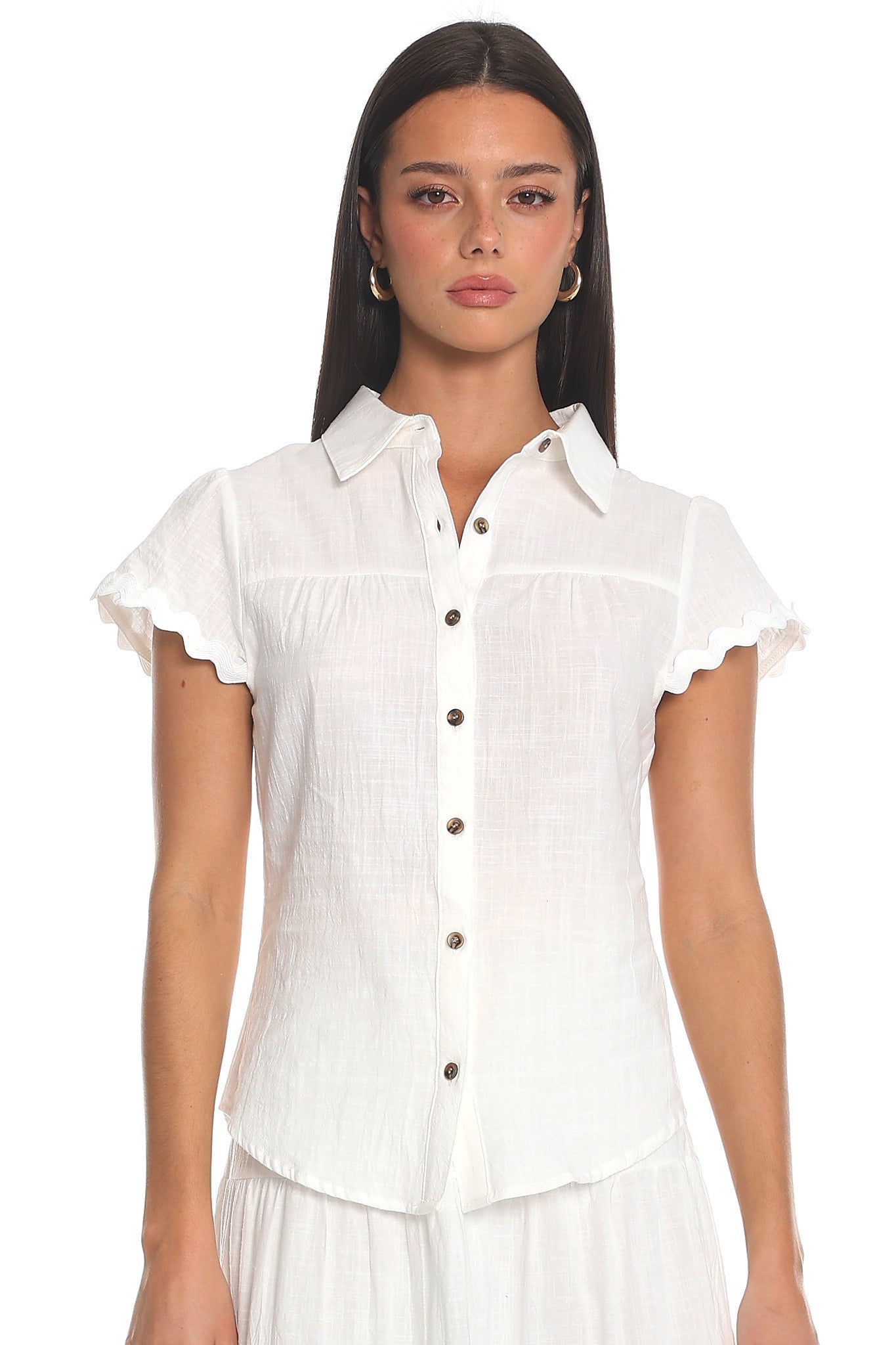 Meadow Grove Scalloped Button-Up Top White
