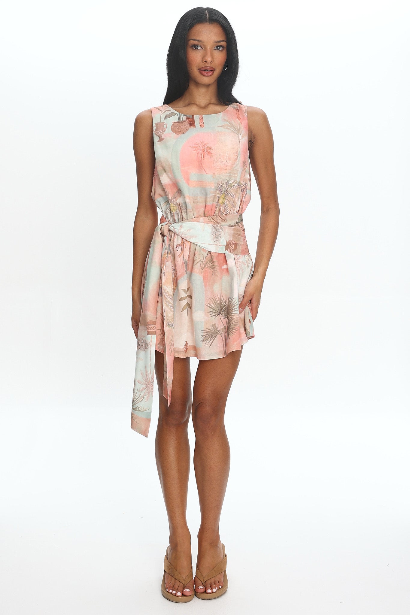 Summerlind Waist Sash Mini Dress Print Coral