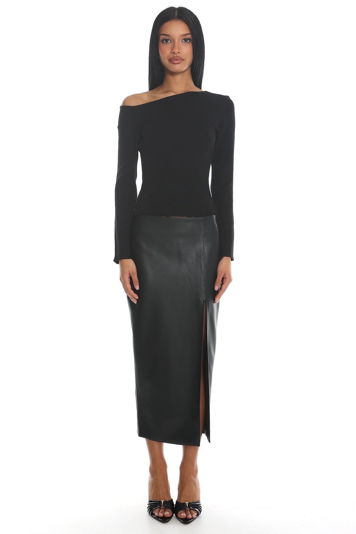 Sybil Faux Leather Midi Skirt Black by Selfie Leslie