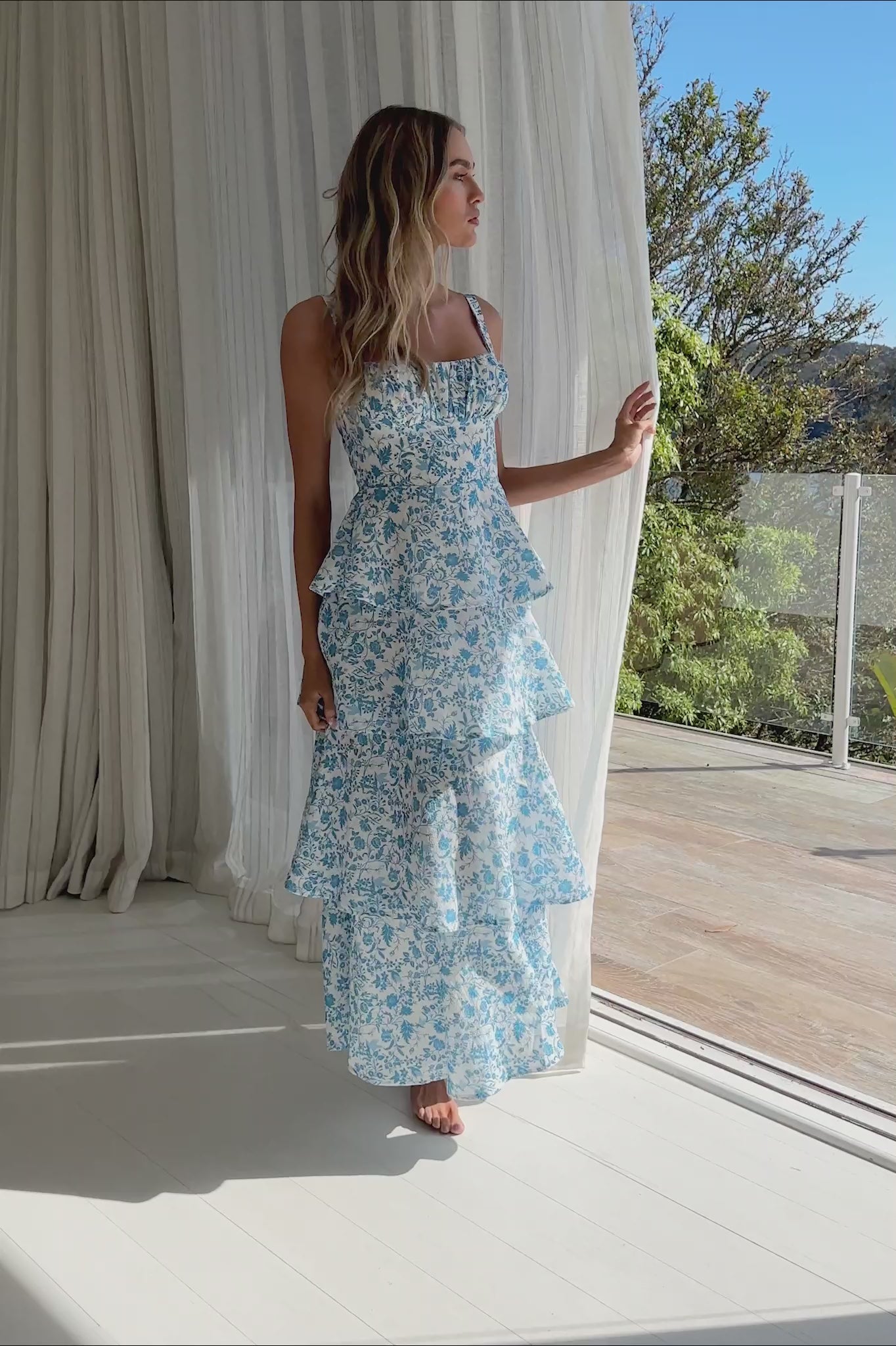Provence Bloom Tiered Midi Dress Floral Blue | Selfie Leslie
