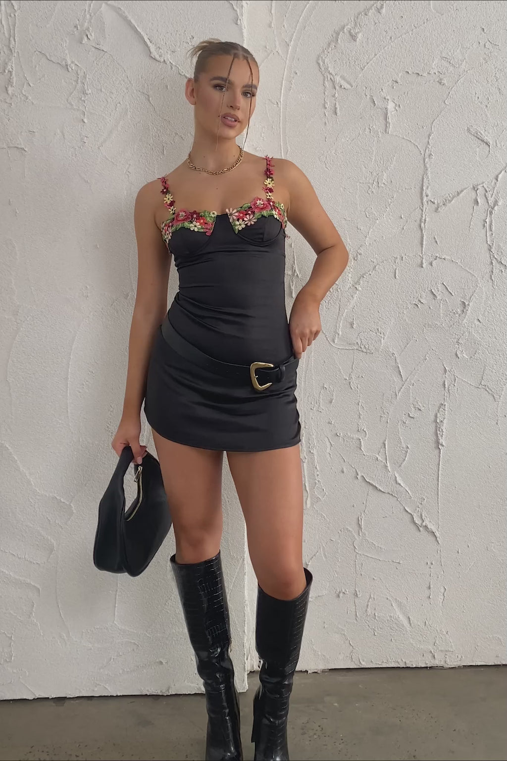 Izolda Floral Applique Mini Dress Black