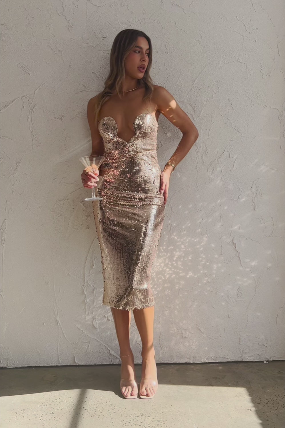 Encore Strapless Sequin Midi Dress Gold– Selfie Leslie