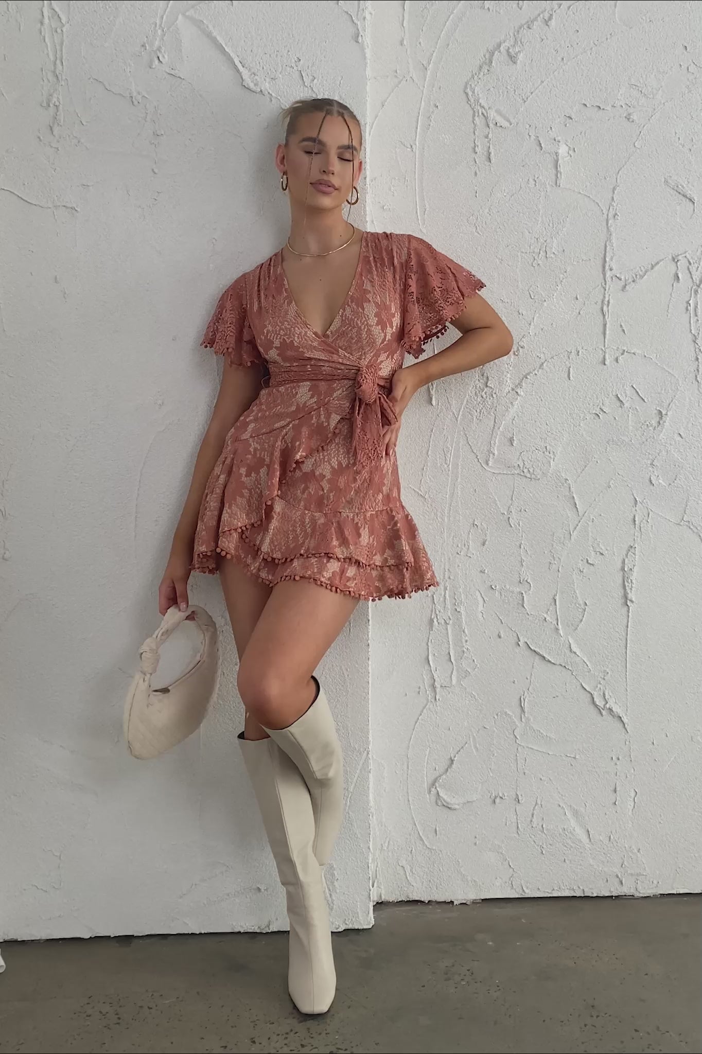 Cami Angel Sleeve Faux Wrap Dress Lace Rose
