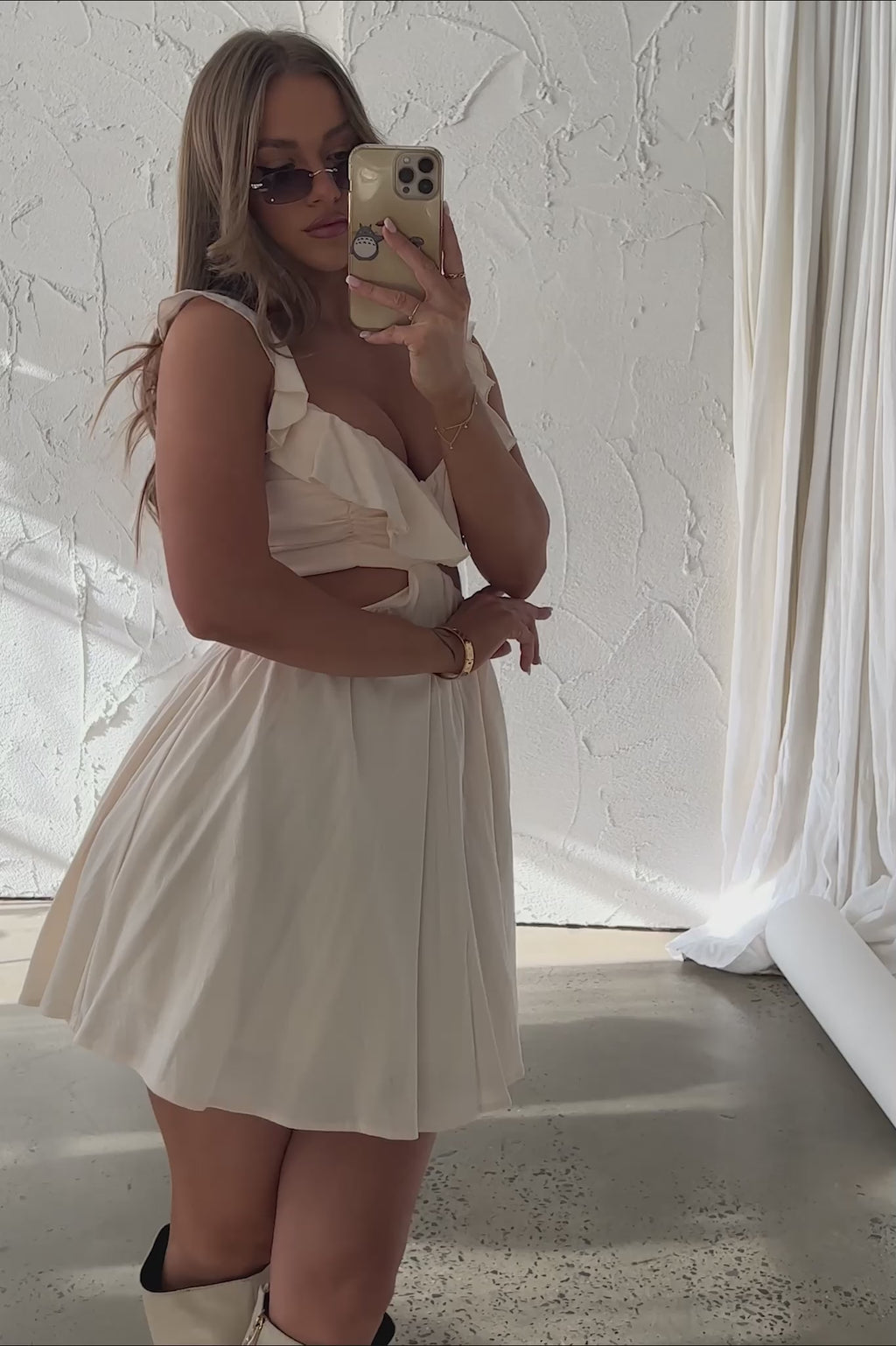 Revel Ruffle Trim Cut-Out Waist Dress Ivory