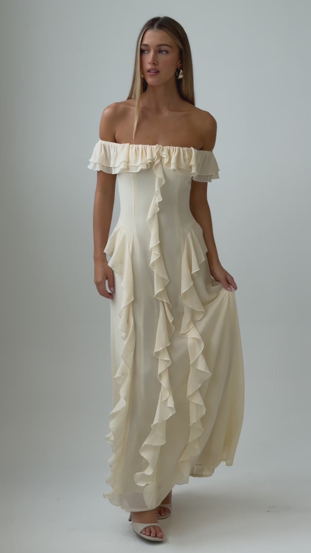 Scarlet Off-Shoulder Ruffle Trim Maxi Dress Butter