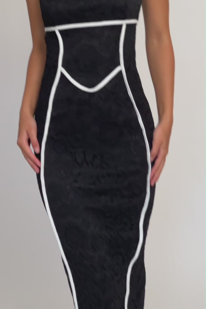 Inga Lace Piping Trim Midi Dress Black