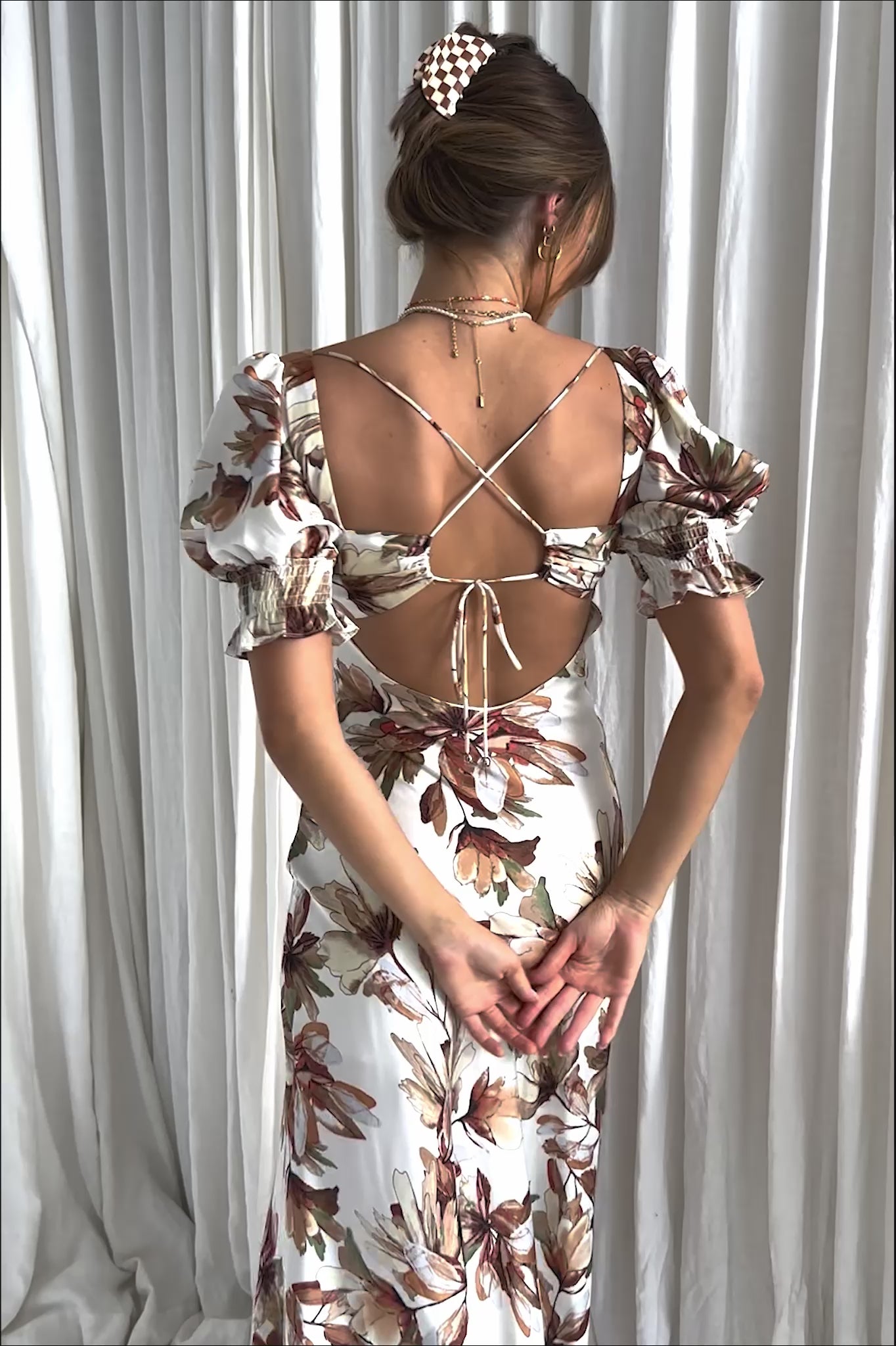 Brigita Tied Back Midi Dress Floral Brown