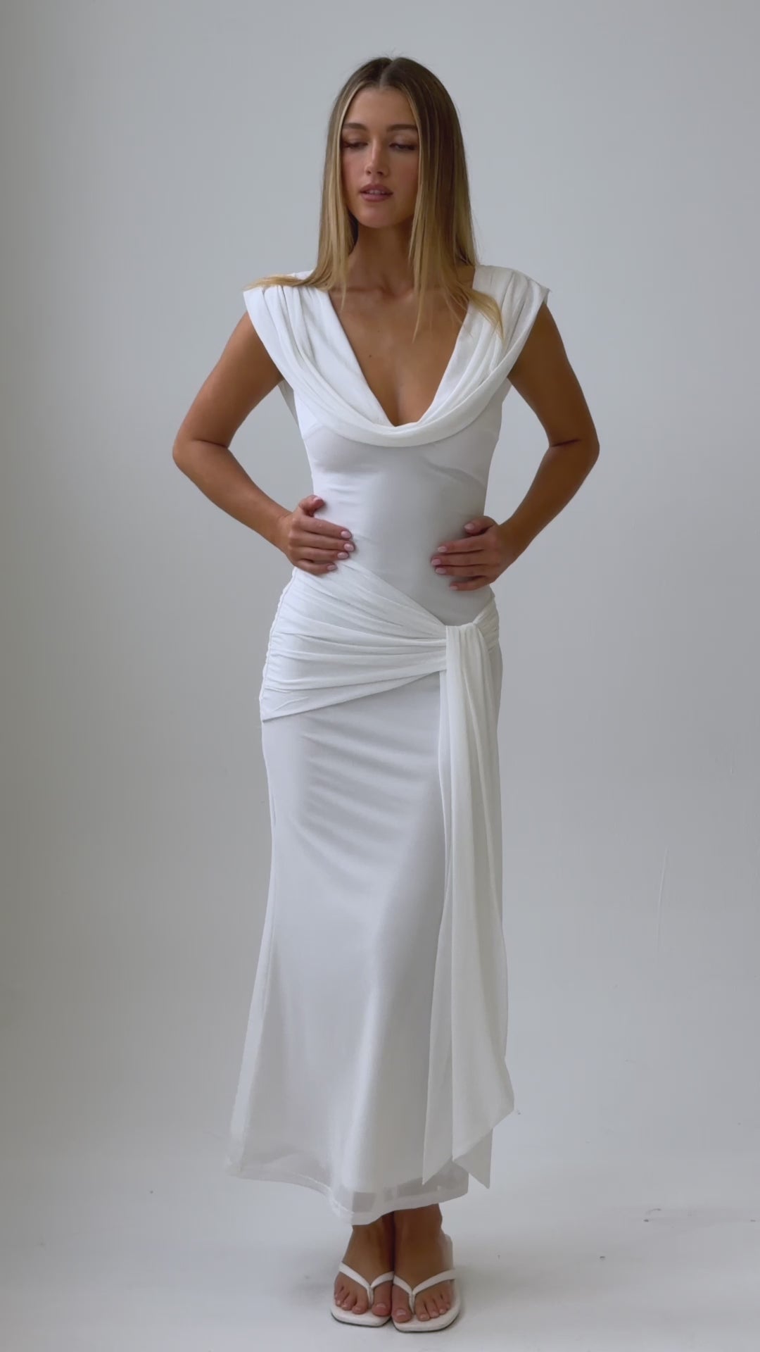 Virgo Season Draped Shoulder Maxi Dress White