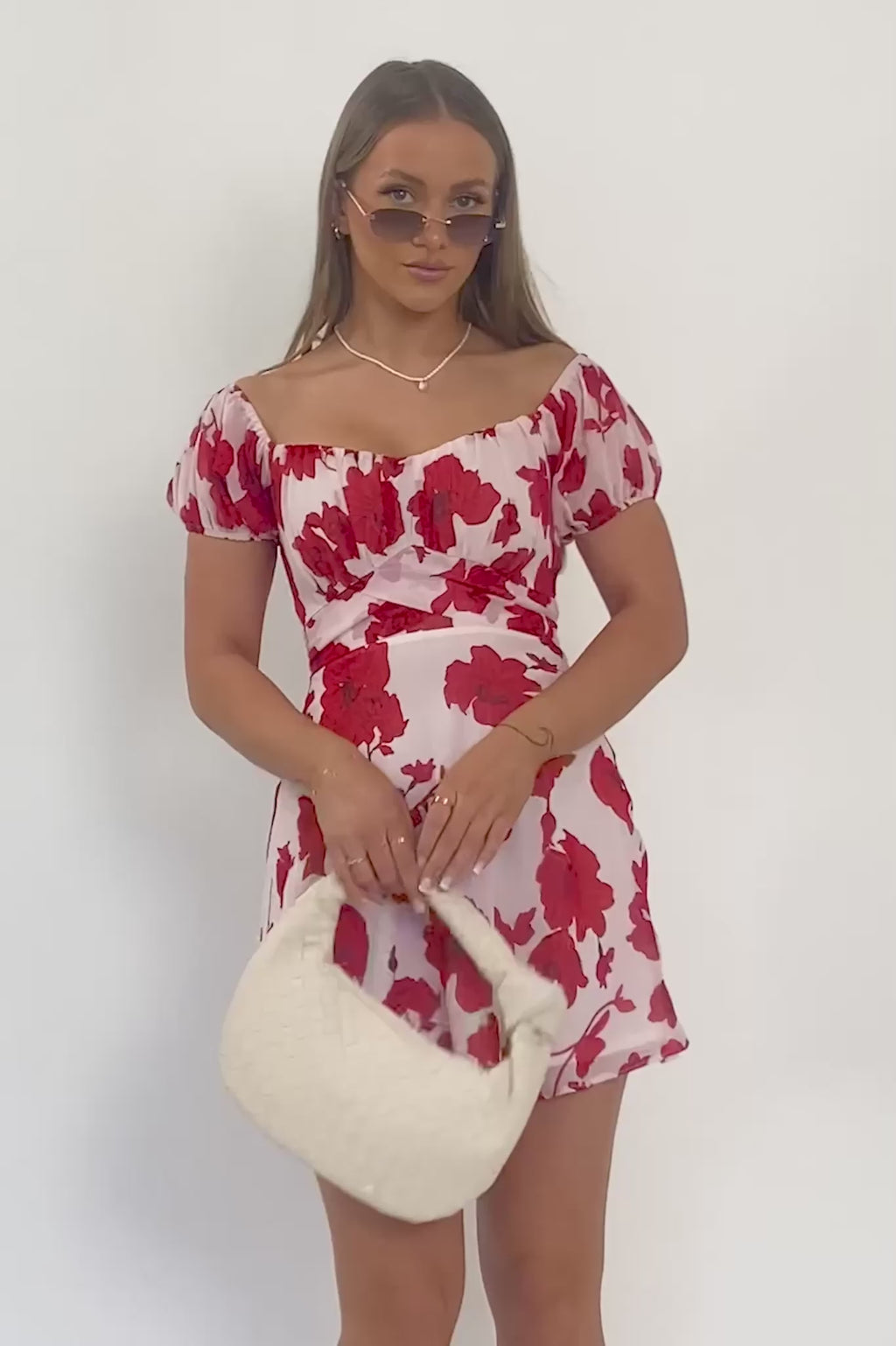 Linka Puff Sleeve Waist Tie Dress Floral Red