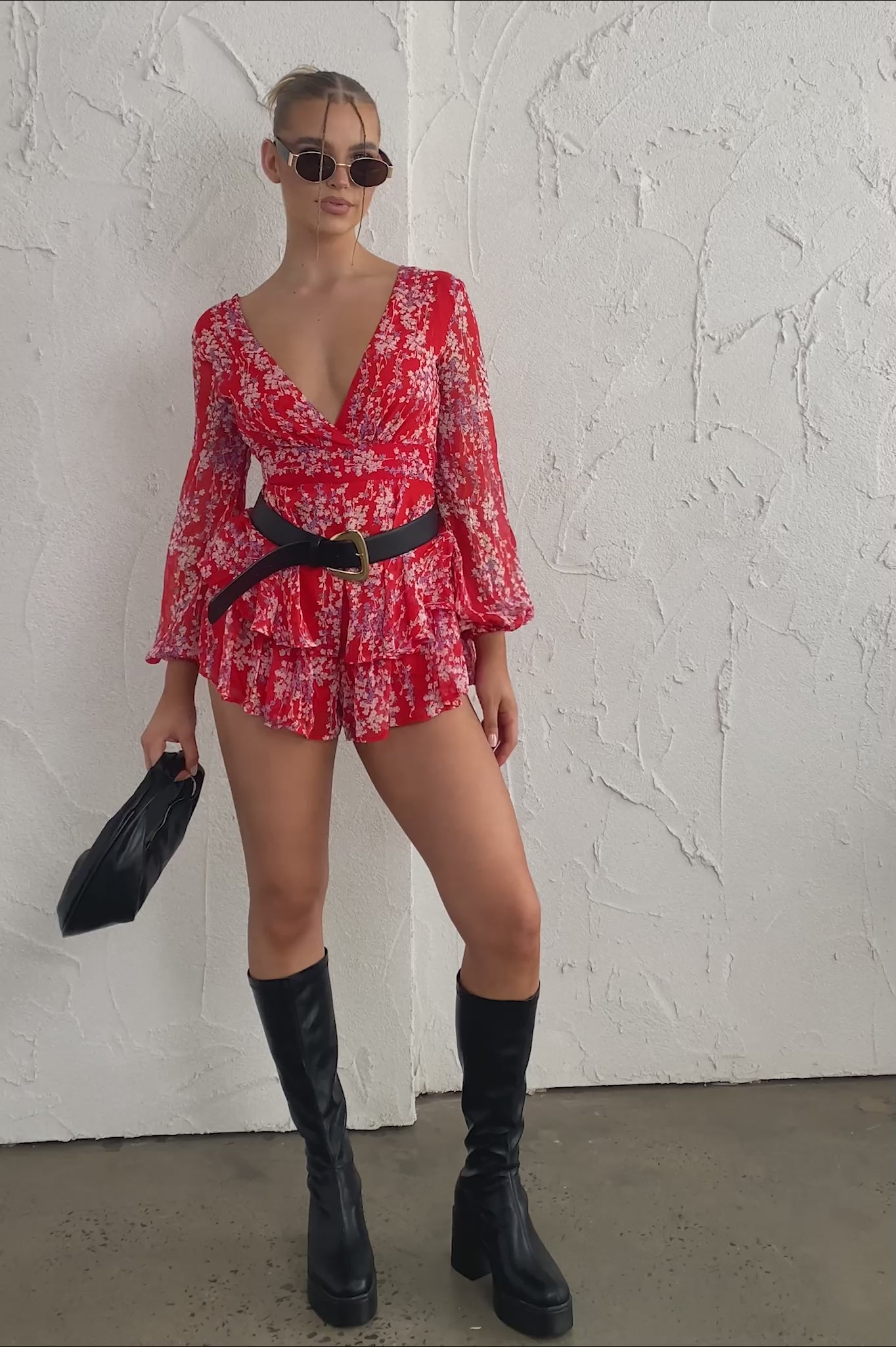 Shop the Maddox Fit & Flare Long Sleeve Romper Floral Vine Red