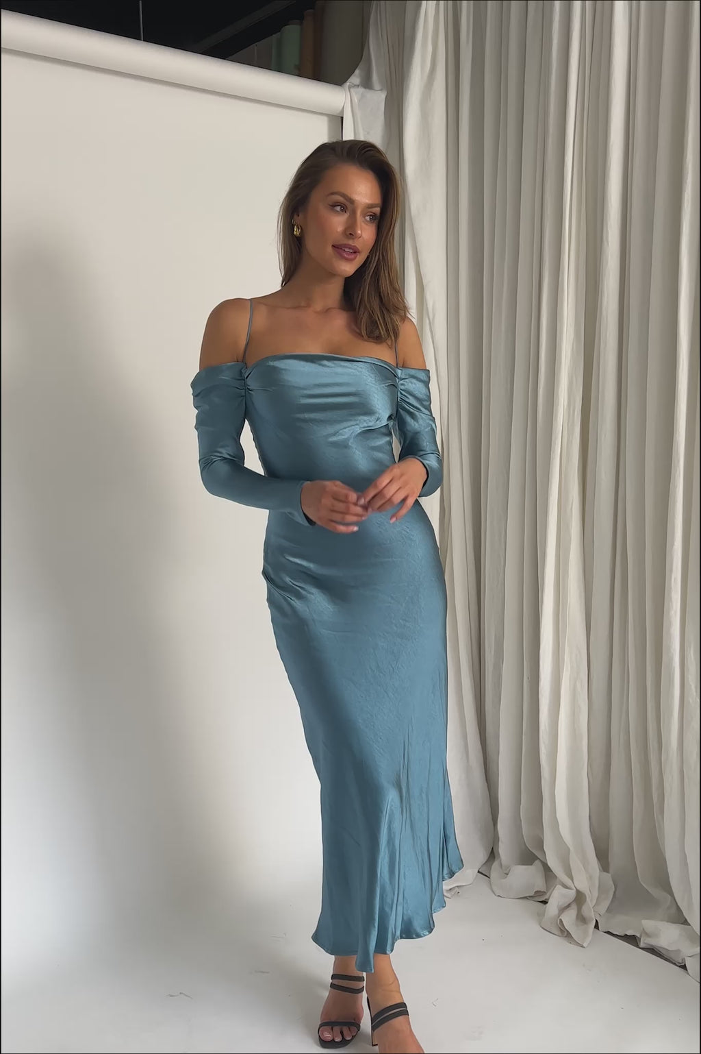 Ellory Long Sleeve Off-Shoulder Dress Blue