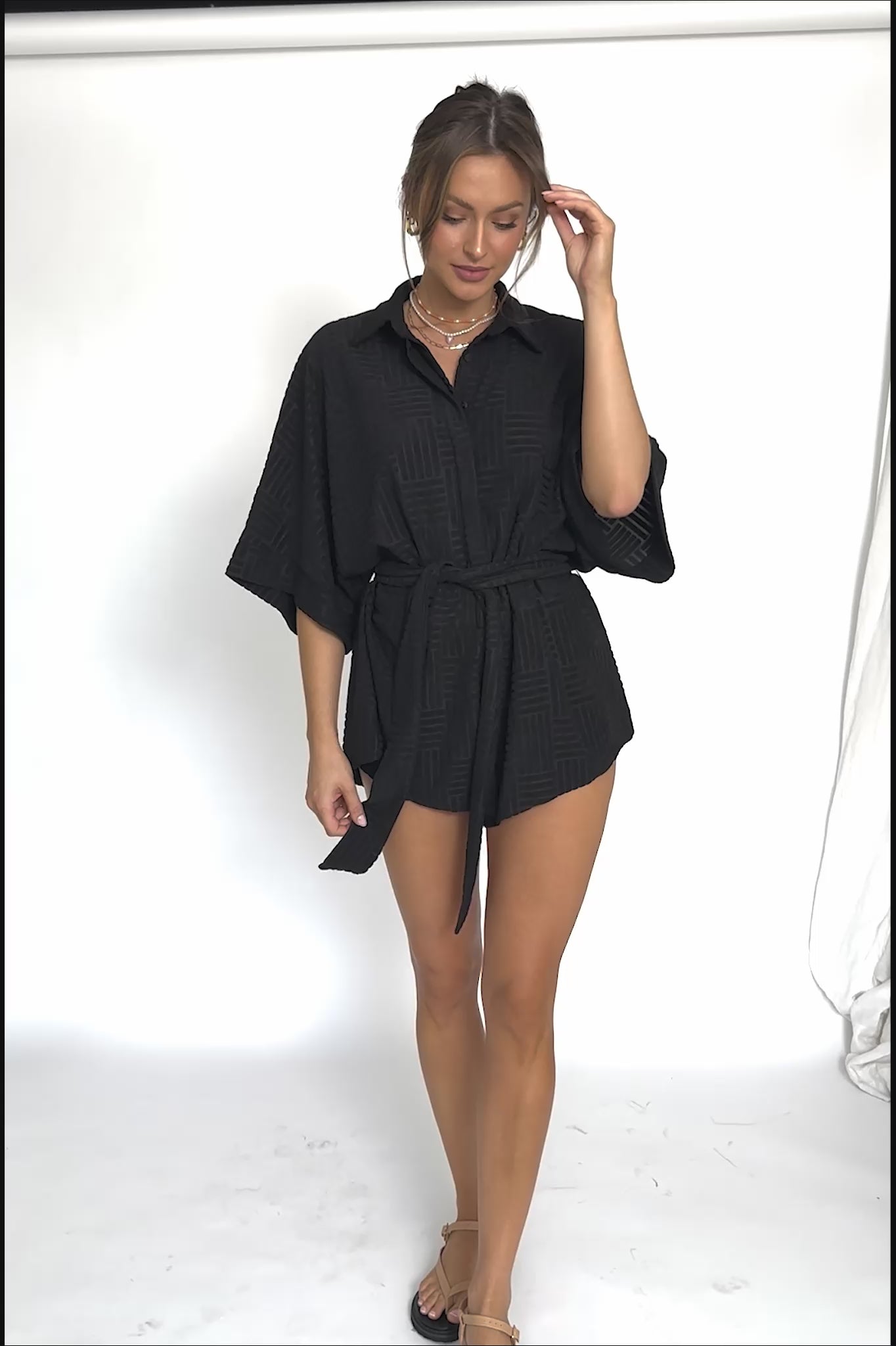 Daytona Beach Button-Up Romper Textured Black
