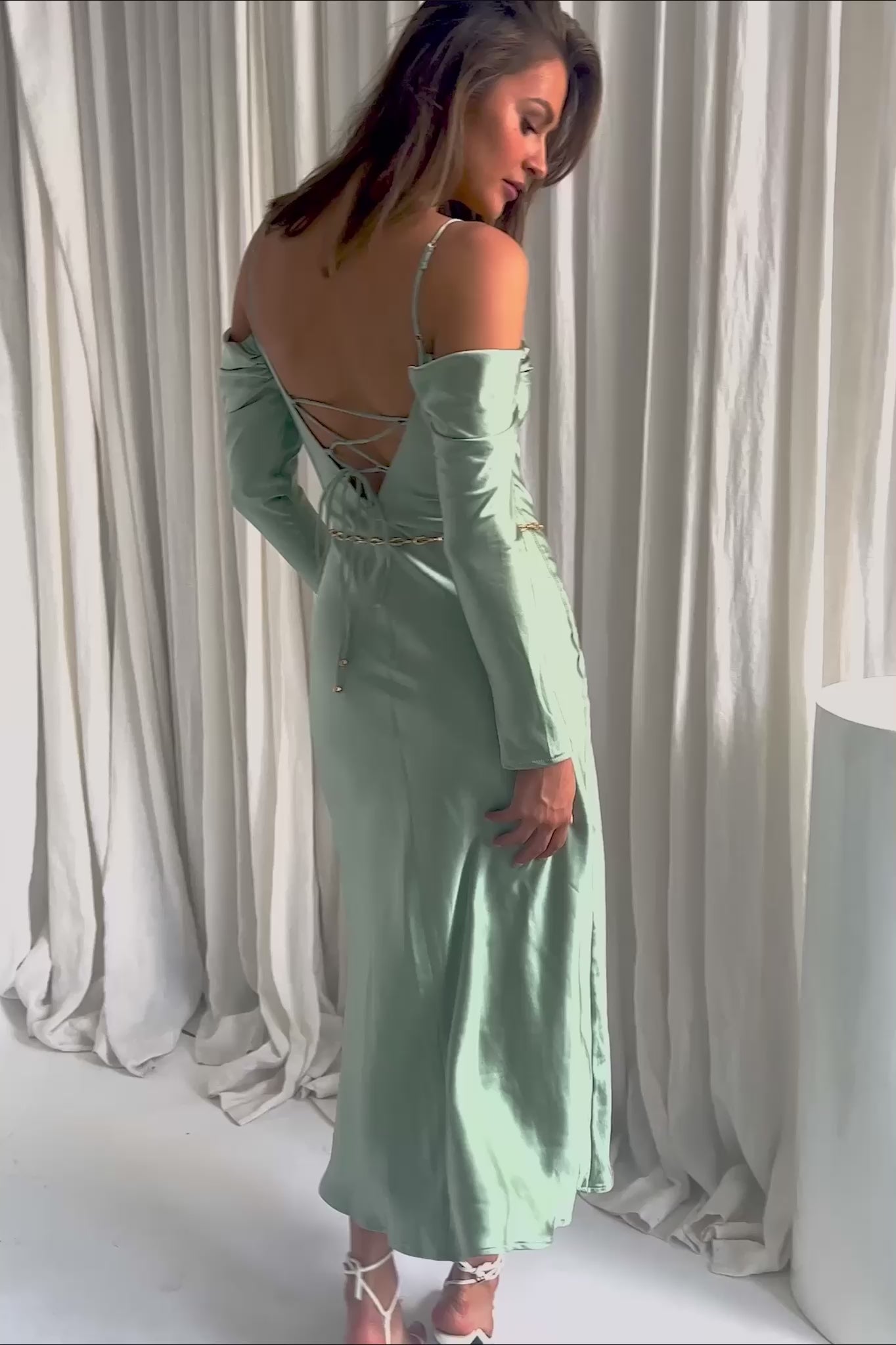 Ellory Long Sleeve Off-Shoulder Dress Sage