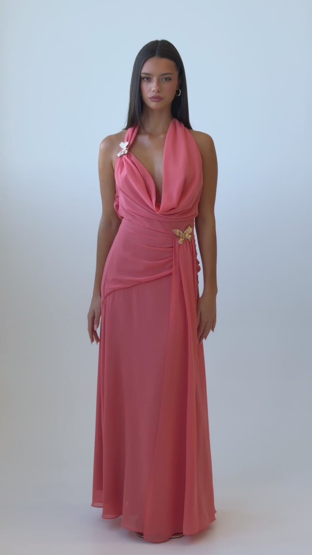 La Isla Cowl Halter Maxi Dress Coral