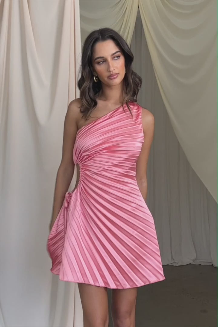 Glow Ray One-Shoulder Pleat Dress Coral