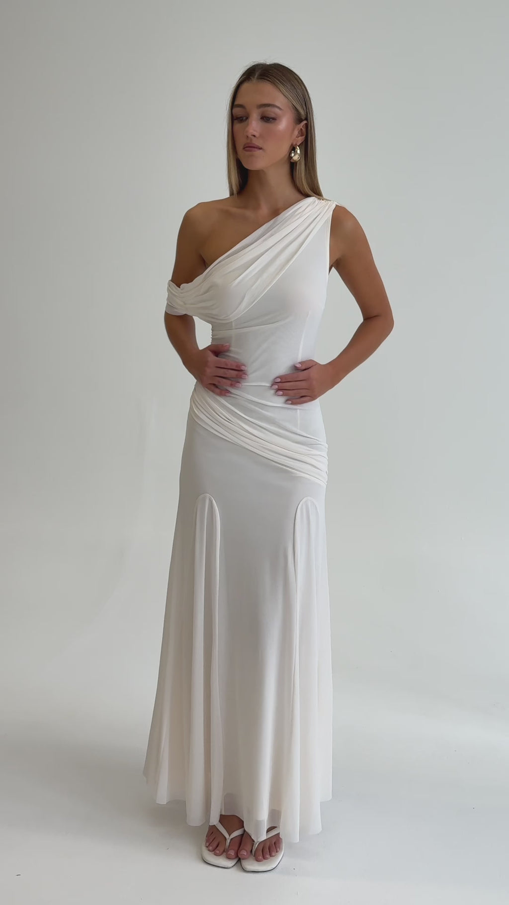 Anaisa Asymmetric Neckline Draped Maxi Dress Oyster