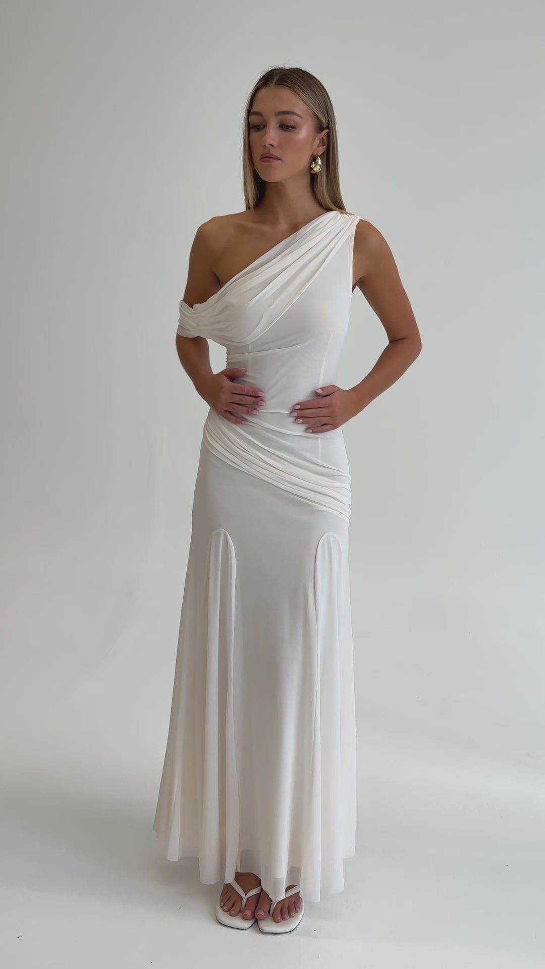 Anaisa Asymmetric Neckline Draped Maxi Dress Oyster