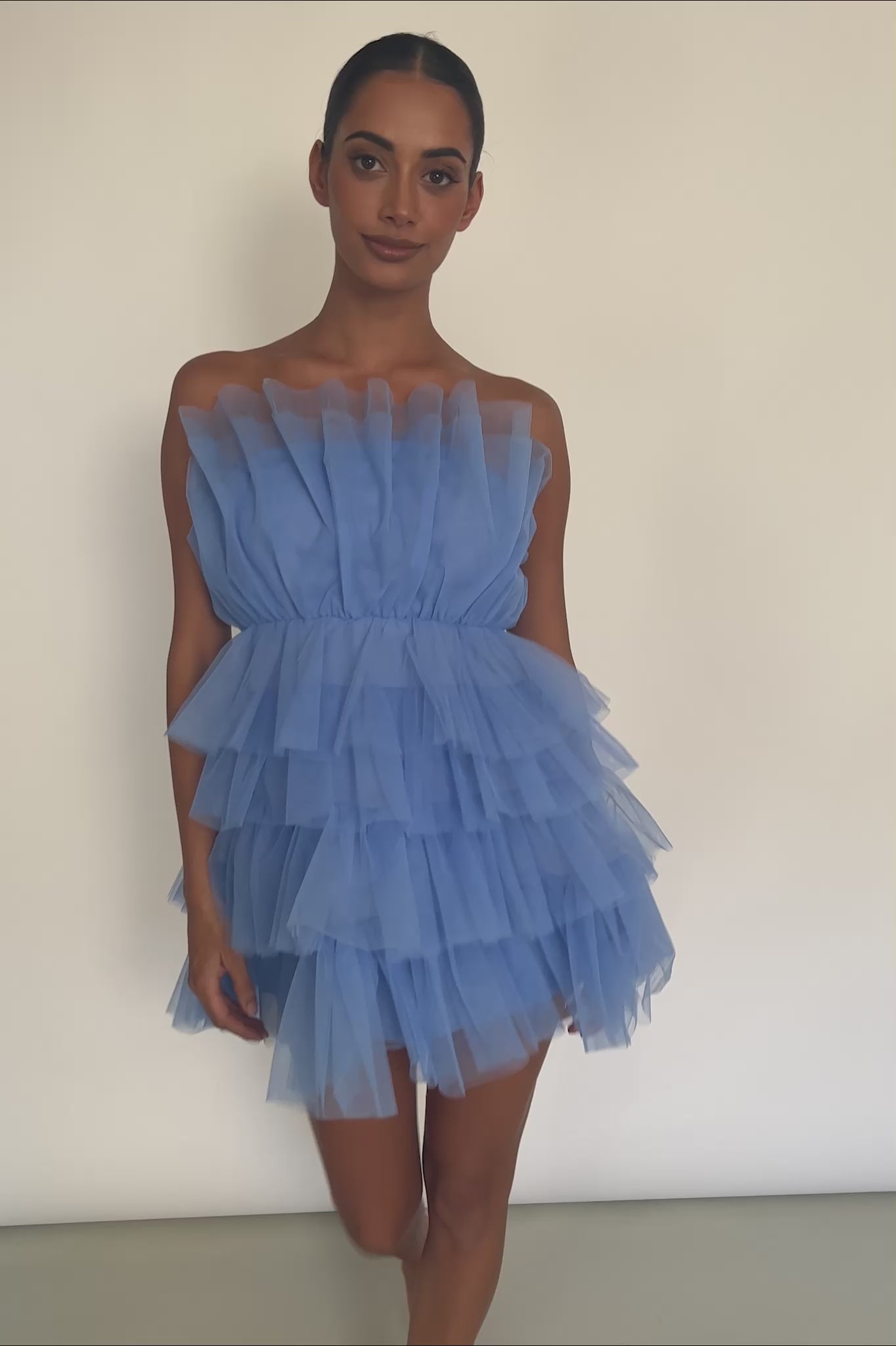 Bon Bon Tiered Mesh Mini Dress Steel Blue