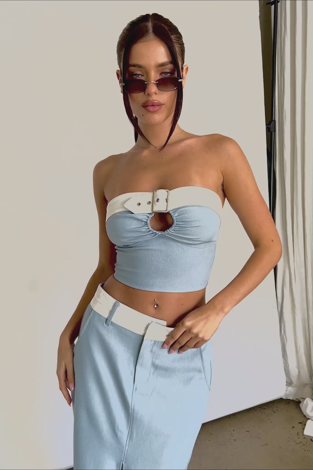 In My Era Front Split Midi Skirt Washed Blue