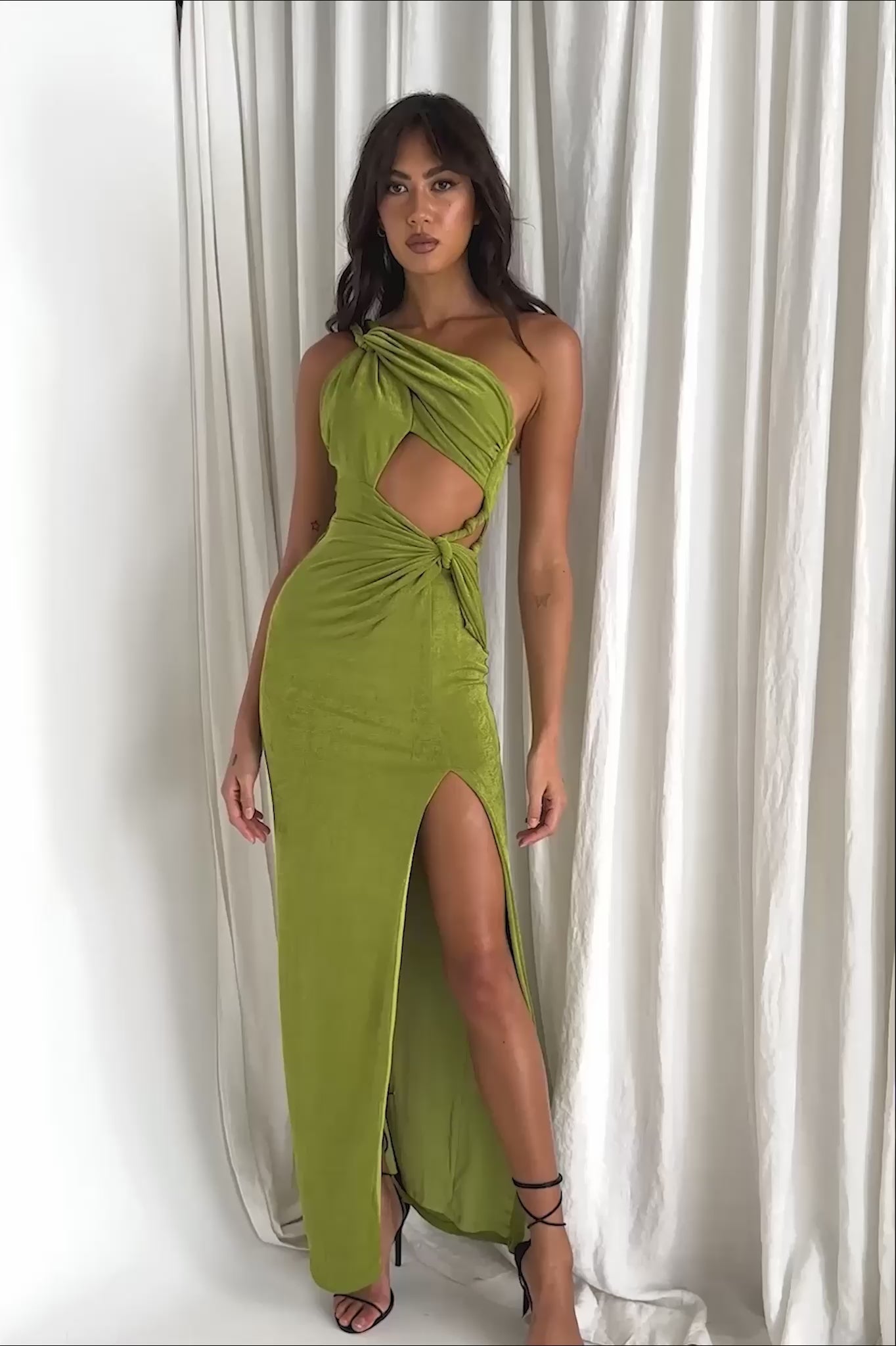 knee length dresses for ladies Kiah Twist Accent Thigh Split Midi Dress Moss– Selfie Leslie