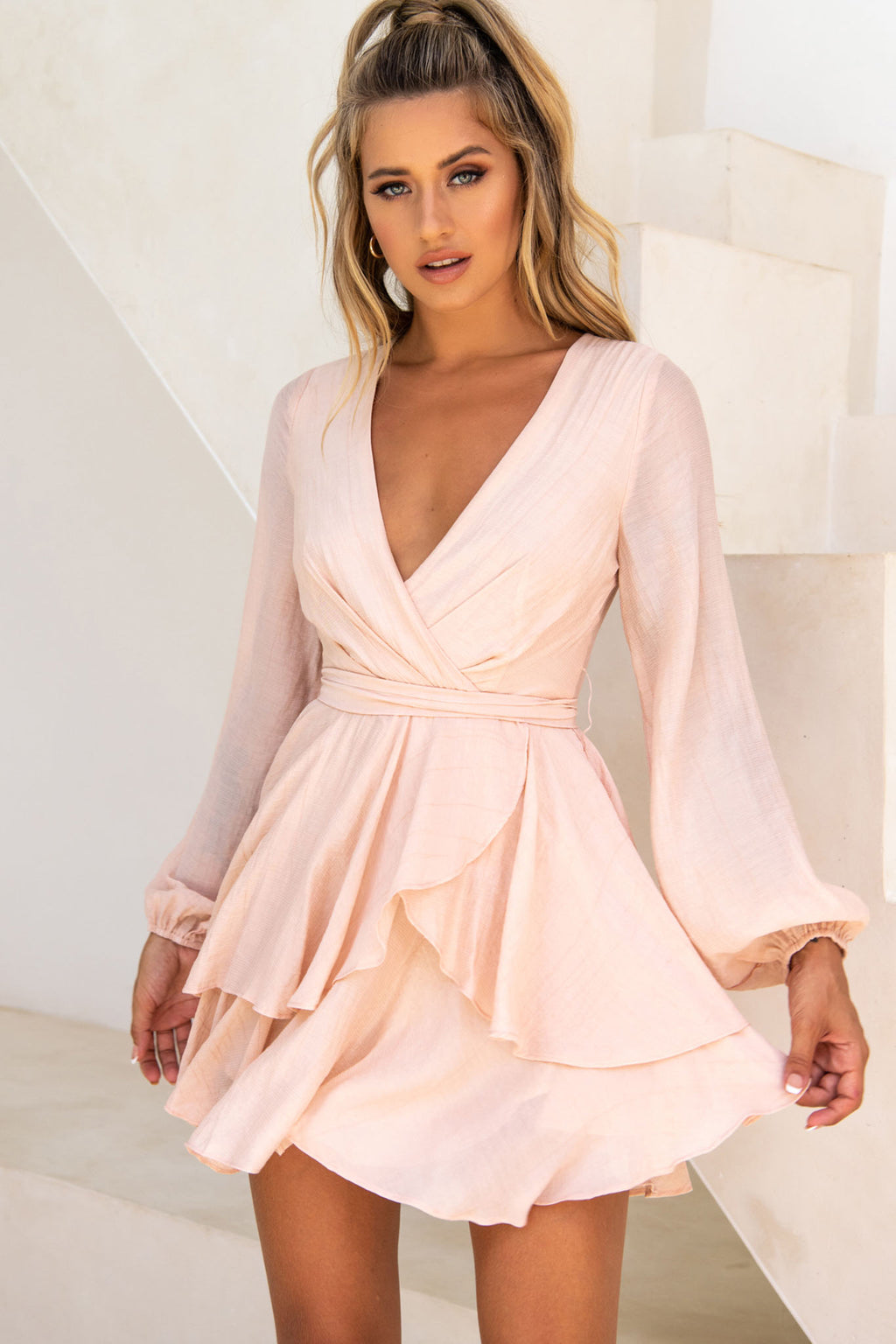 Believe Me Long Sleeve Surplice Neckline Dress Beige | Selfie Leslie Believe Me Long Sleeve Surplice Neckline Dress Beige | Selfie Leslie