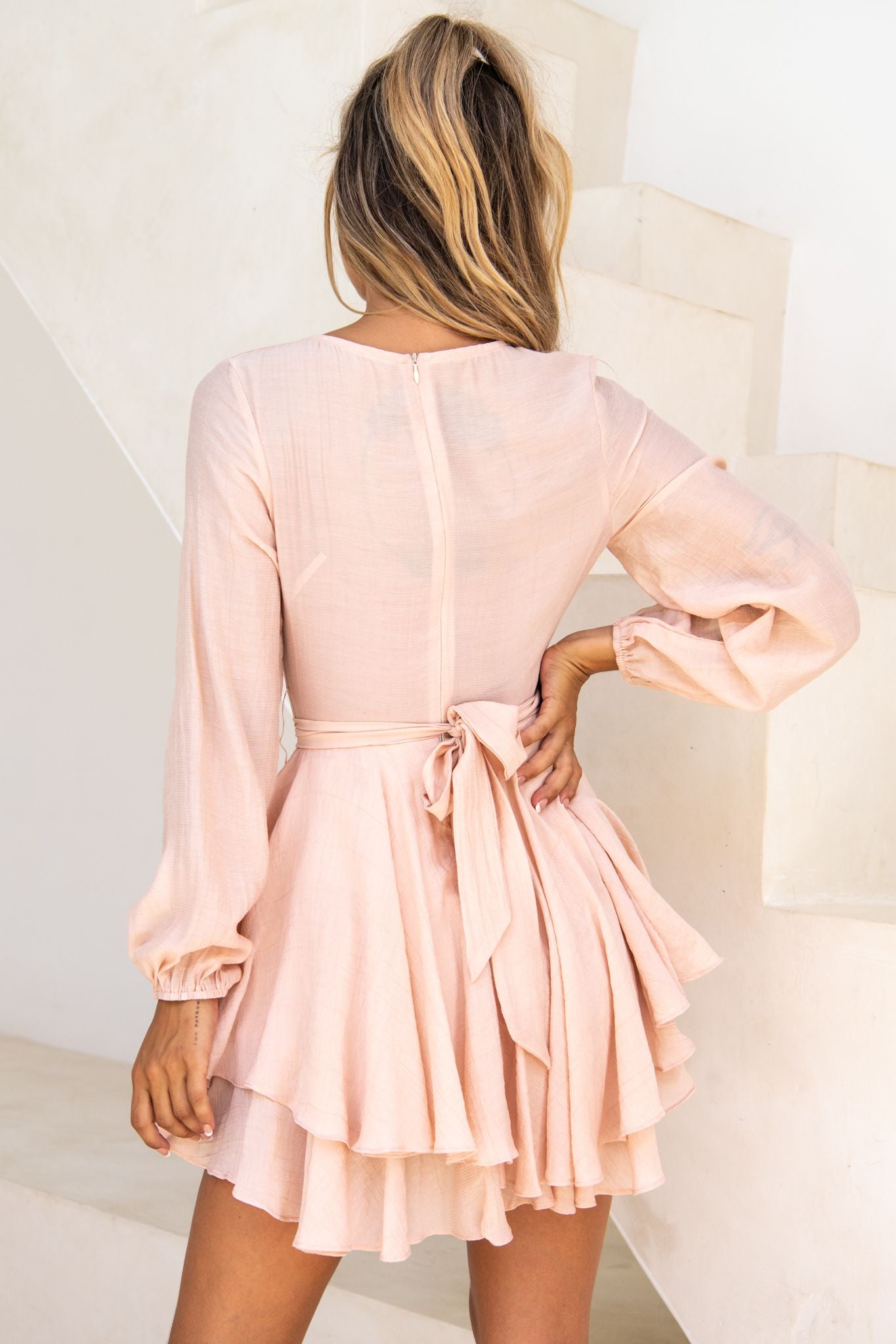 Believe Me Long Sleeve Surplice Neckline Dress Beige by Selfie Leslie