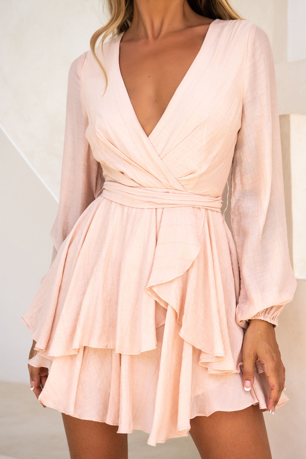 Believe Me Long Sleeve Surplice Neckline Dress Beige by Selfie Leslie