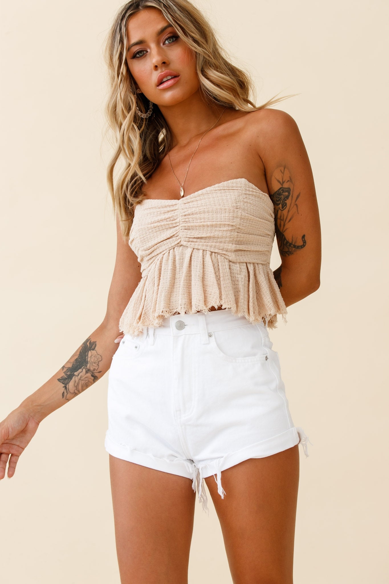 Anjelica Raw Edge Crop Top Beige by Selfie Leslie