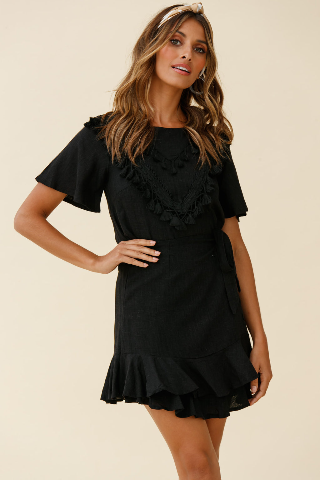 Angelique Tassel Bust Wrap Bottom Dress Black by Selfie Leslie