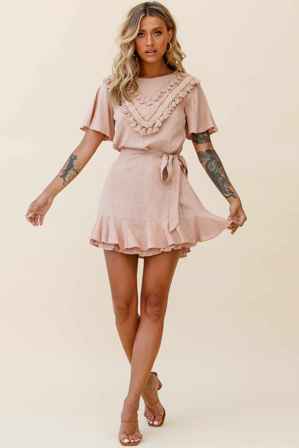 Angelique Tassel Bust Wrap Bottom Dress Mocha by Selfie Leslie