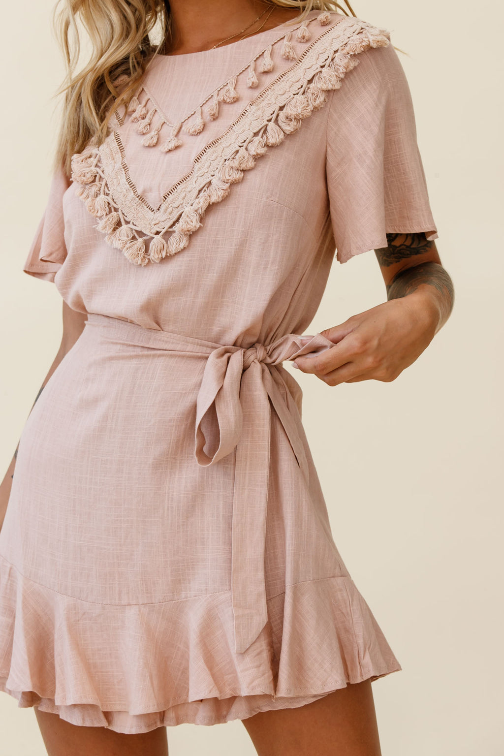 Angelique Tassel Bust Wrap Bottom Dress Mocha by Selfie Leslie