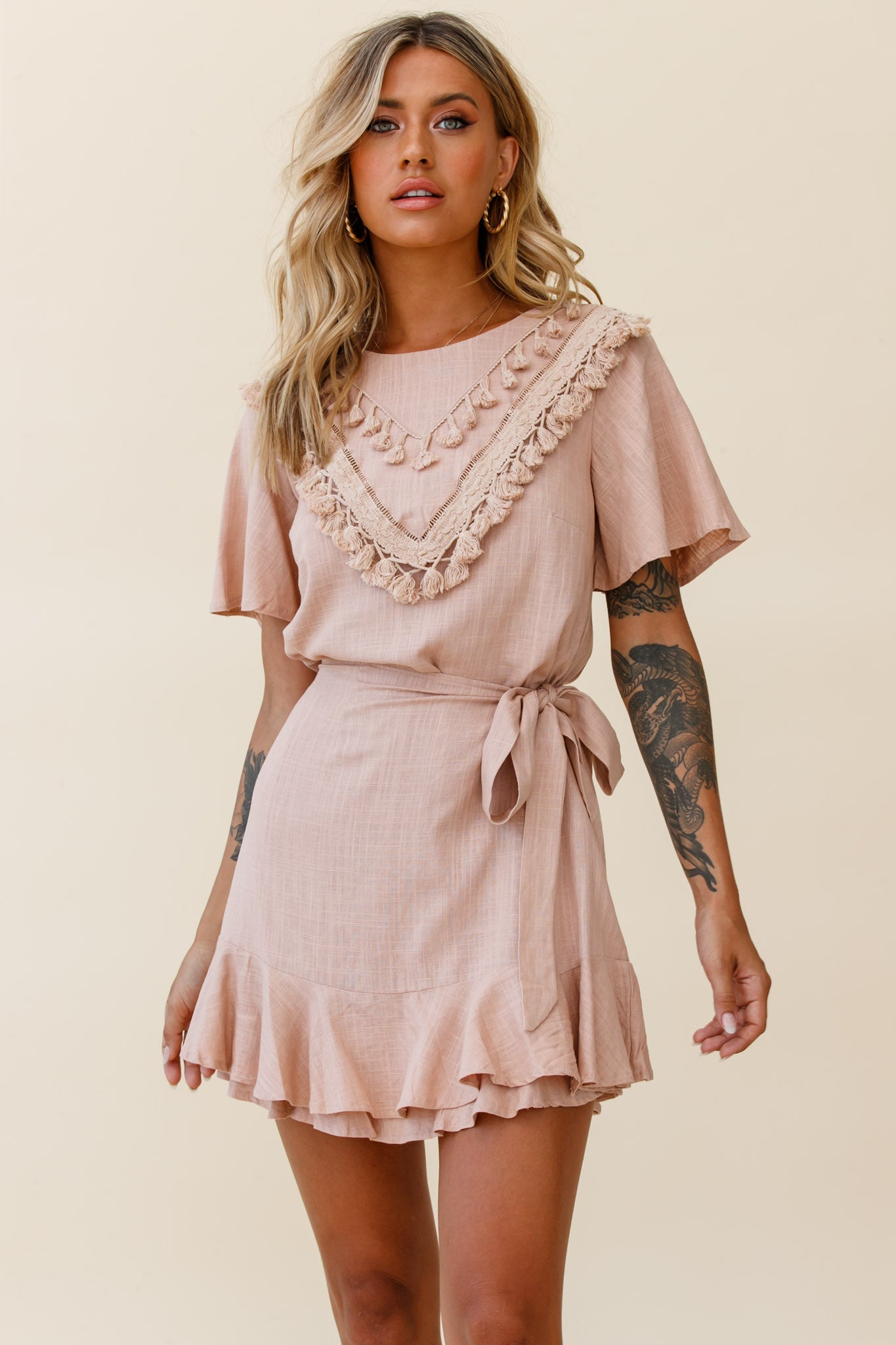 Angelique Tassel Bust Wrap Bottom Dress Mocha by Selfie Leslie