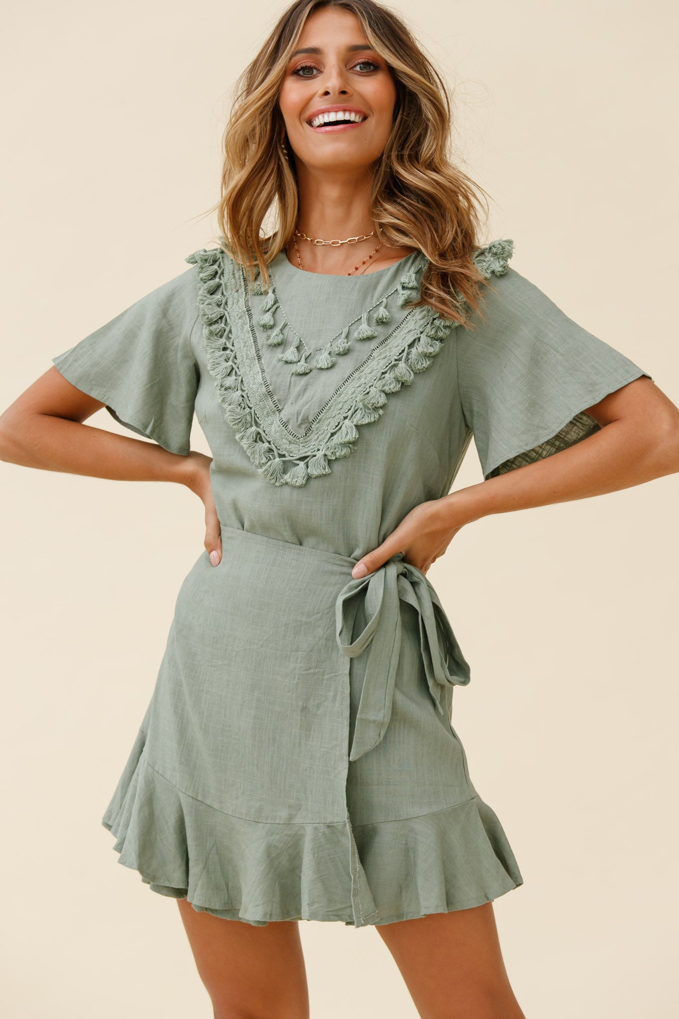 Angelique Tassel Bust Wrap Bottom Dress Olive by Selfie Leslie
