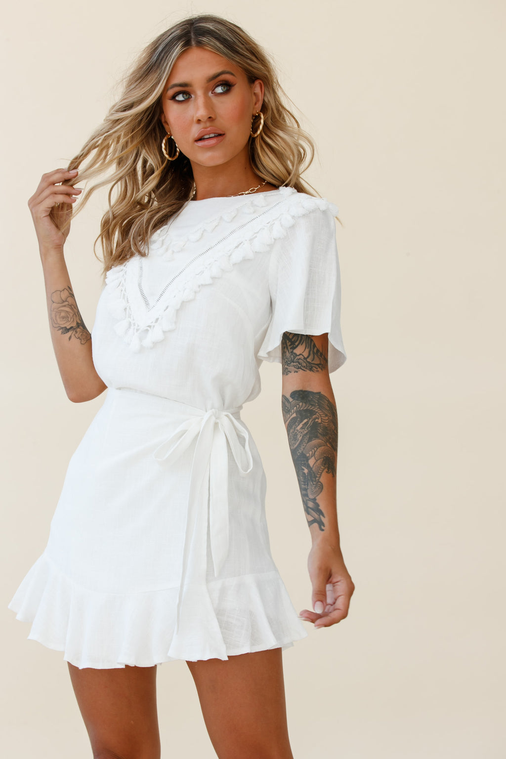 Angelique Tassel Bust Wrap Bottom Dress White by Selfie Leslie
