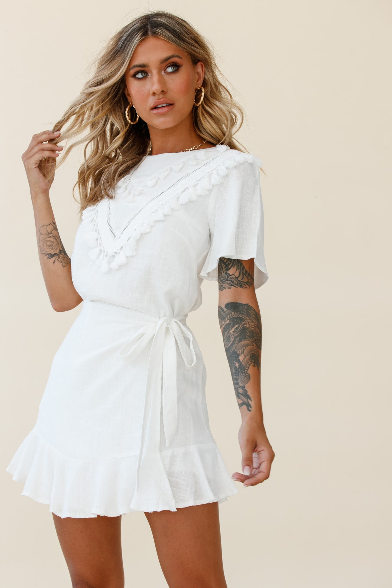 Angelique Tassel Bust Wrap Bottom Dress White by Selfie Leslie