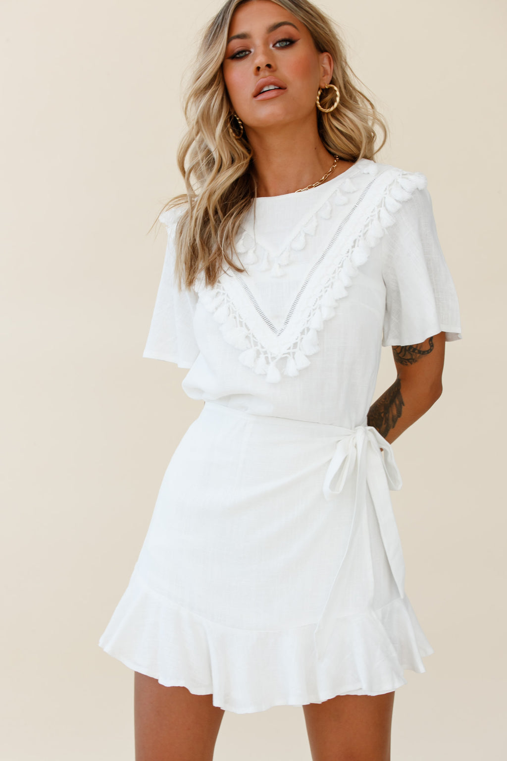 Angelique Tassel Bust Wrap Bottom Dress White by Selfie Leslie