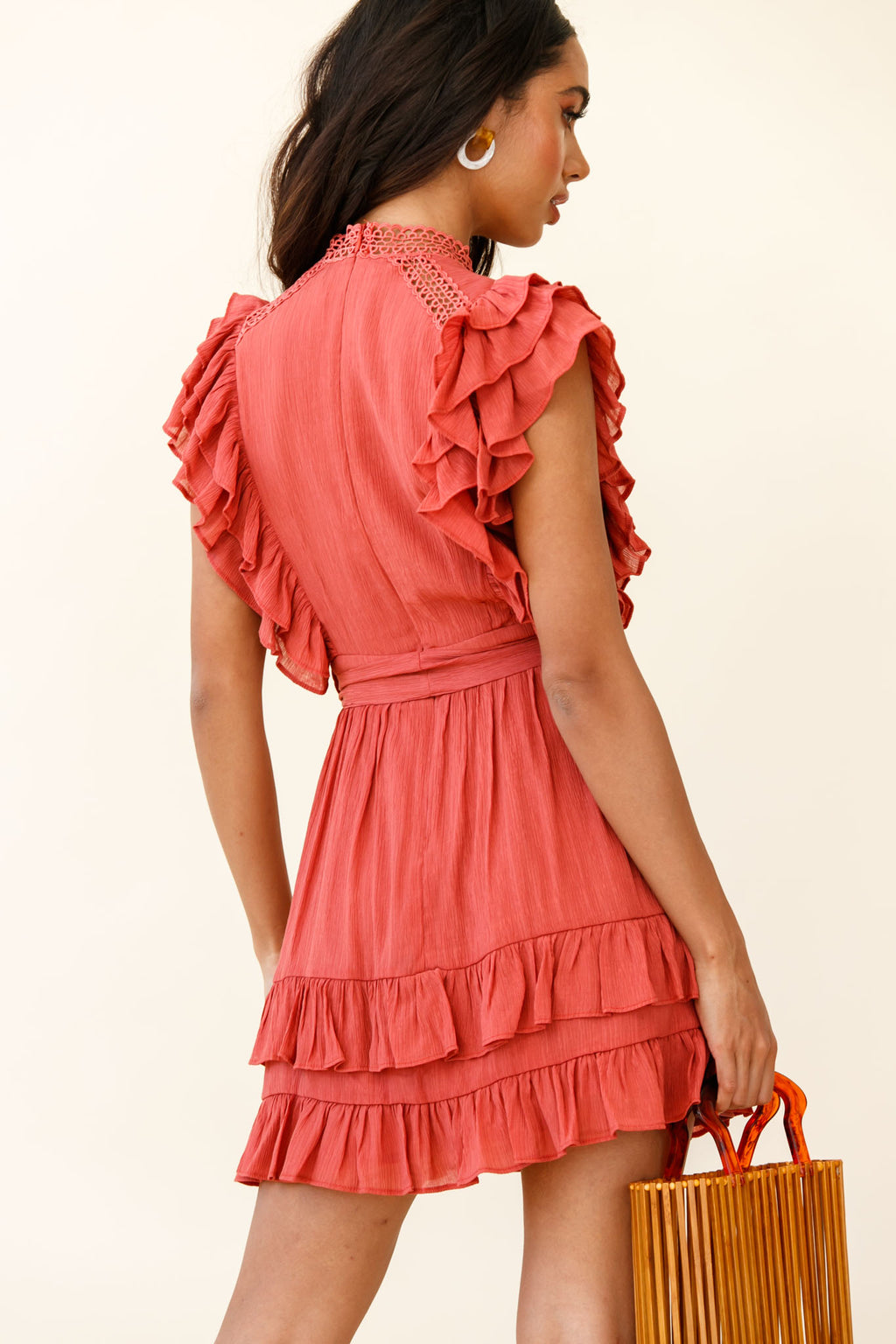 Oakland High Neck Ruffle Detail Dress Rust by Selfie Leslie