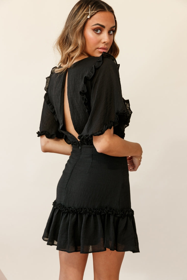 Halo V-Neckline Frill Detail Dress Black by Selfie Leslie