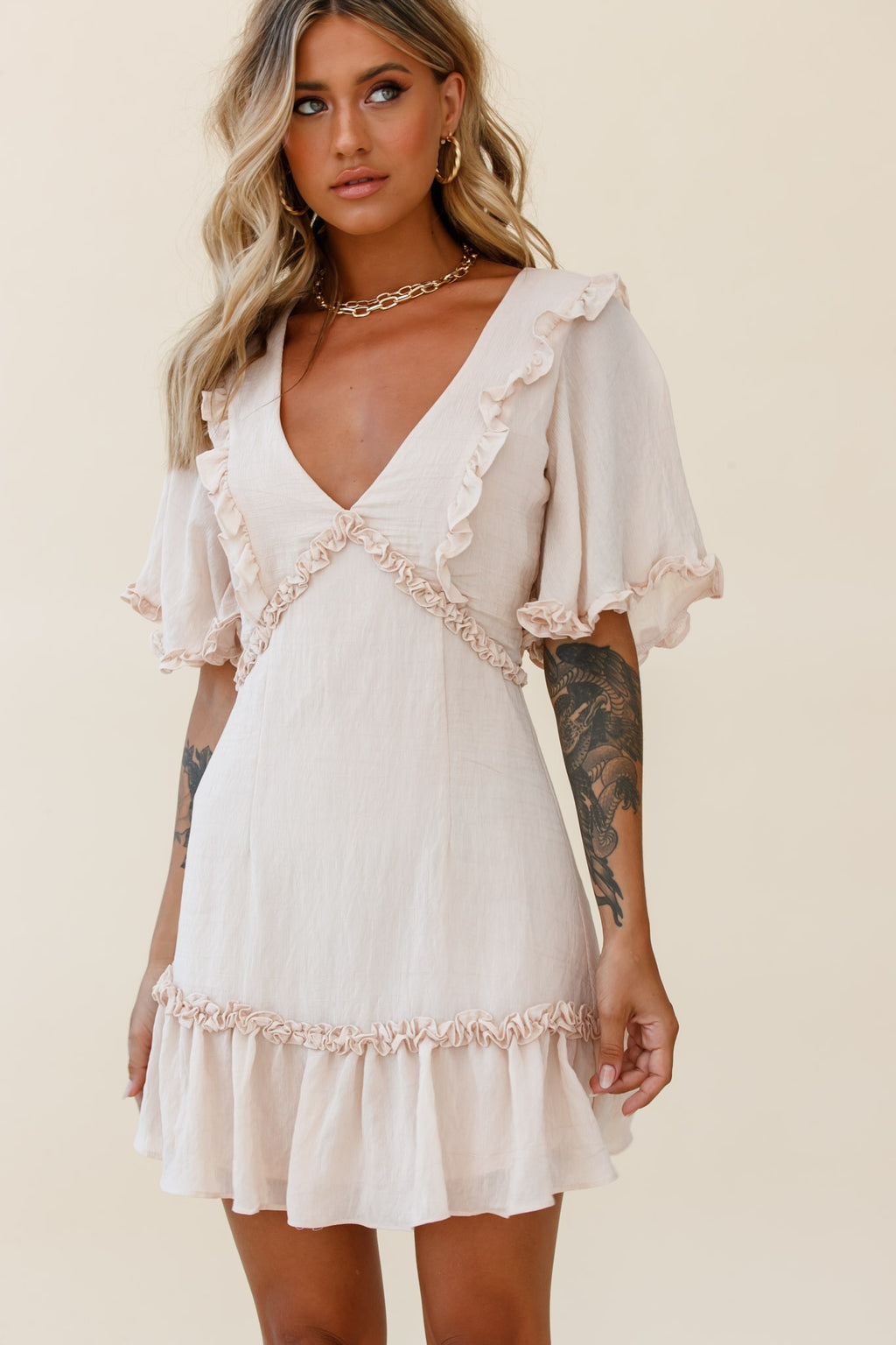 Halo V-Neckline Frill Detail Dress Nude by Selfie Leslie