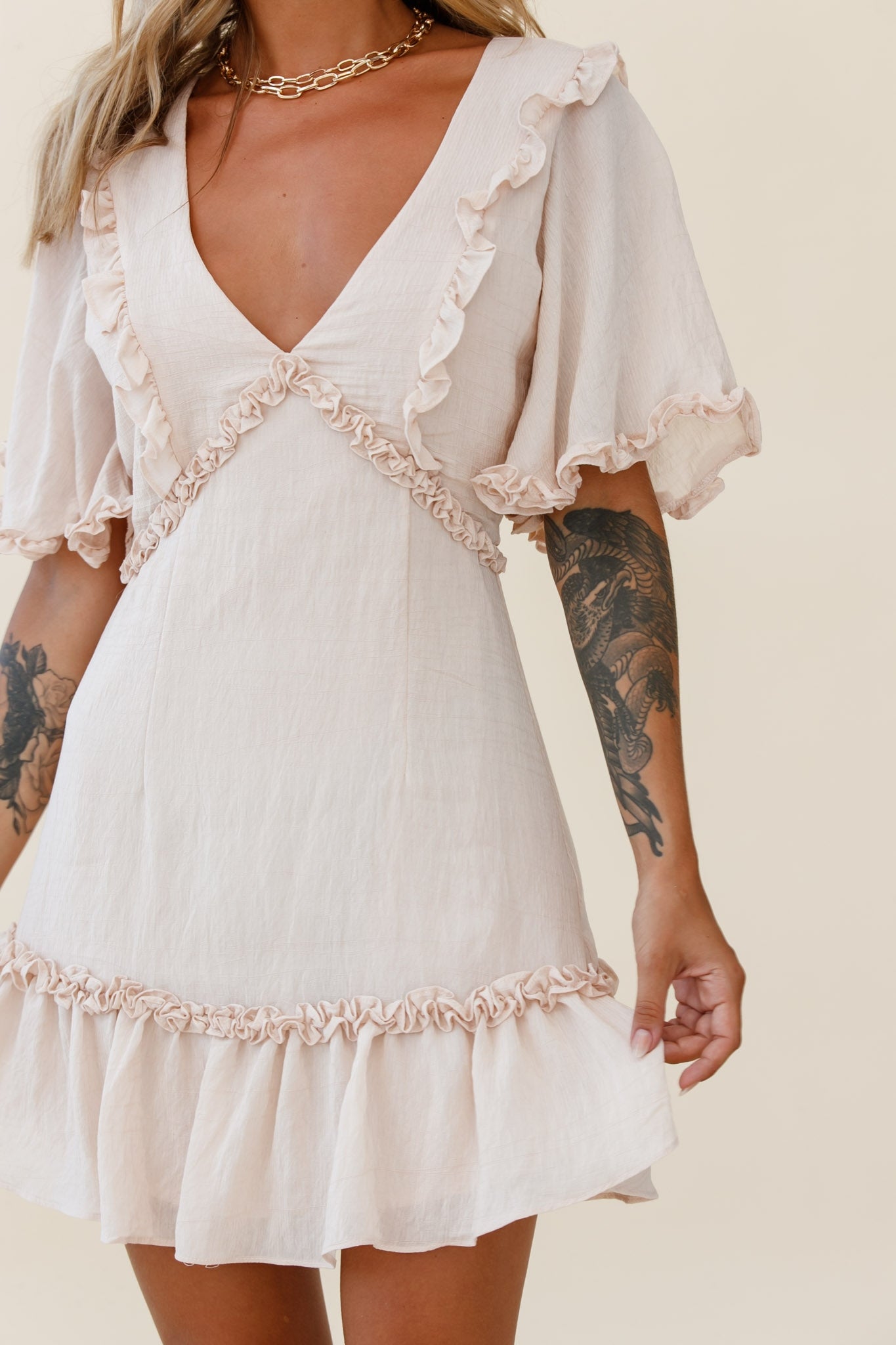 Halo V-Neckline Frill Detail Dress Nude by Selfie Leslie