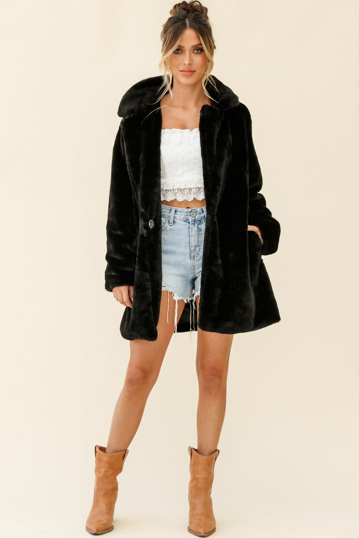 Tahoe Faux Fur Notch Lapel Coat Black by Selfie Leslie