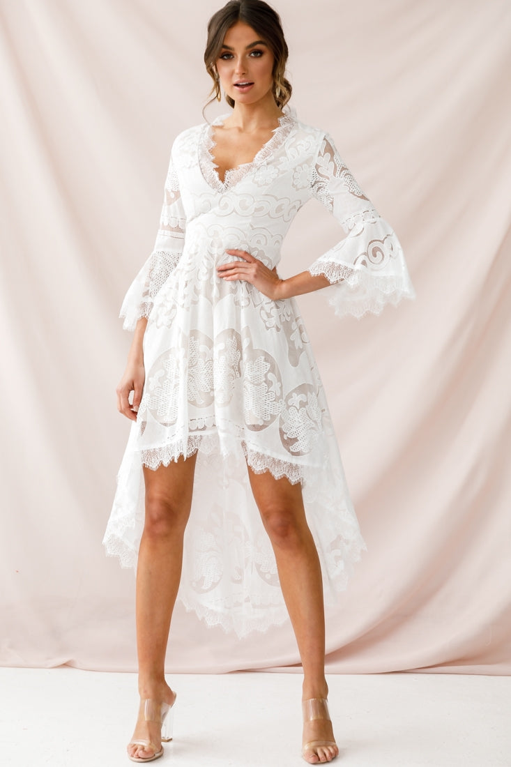 Chantilly High-Low Bell Sleeve Dress White Chantilly High-Low Bell Sleeve Dress White