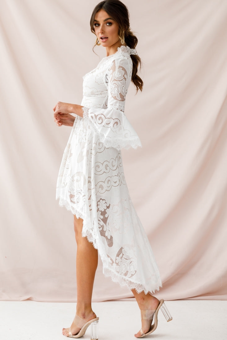 Chantilly High-Low Bell Sleeve Dress White Chantilly High-Low Bell Sleeve Dress White