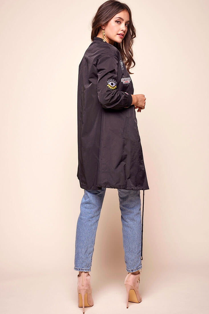 Harlan Long Patchwork Bomber Jacket Black by Selfie Leslie
