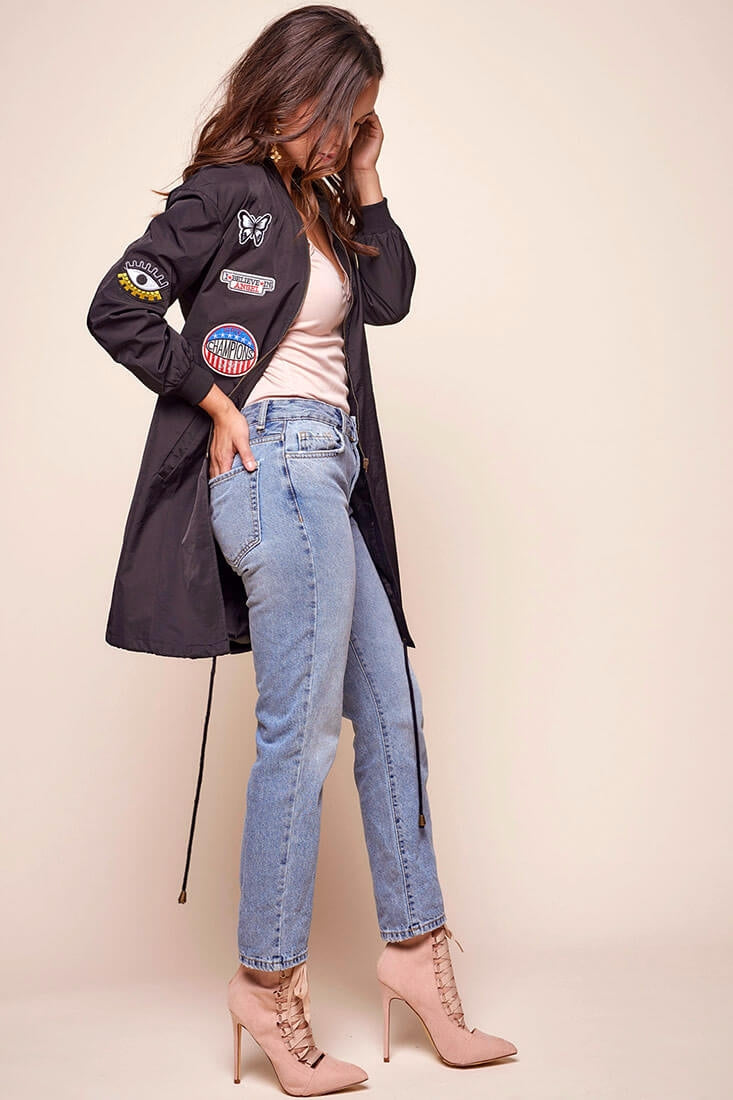 Harlan Long Patchwork Bomber Jacket Black by Selfie Leslie
