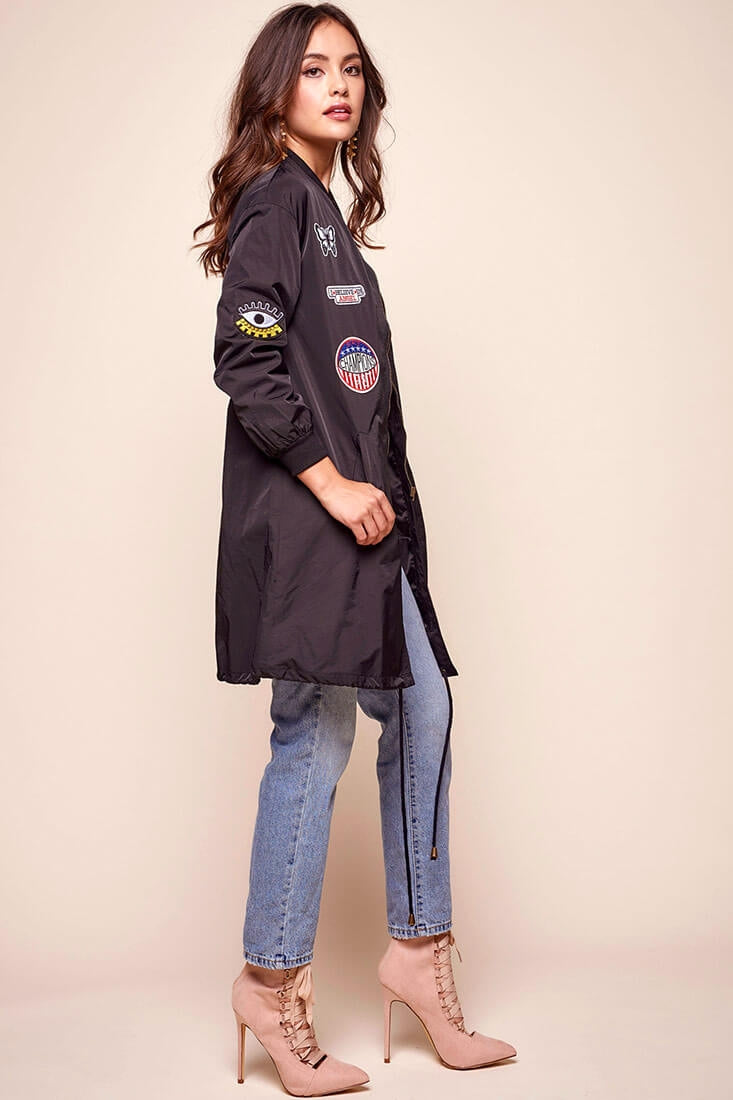 Harlan Long Patchwork Bomber Jacket Black by Selfie Leslie