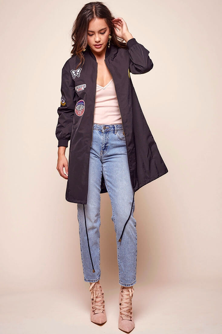 Harlan Long Patchwork Bomber Jacket Black by Selfie Leslie