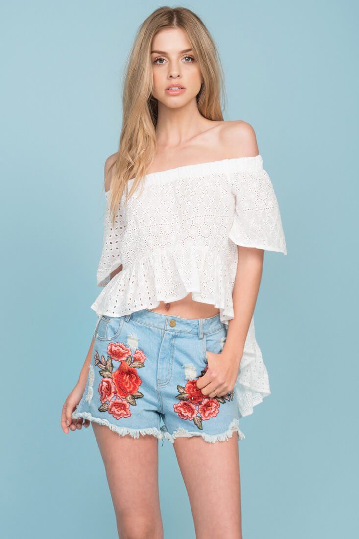 Brenna Fringe Floral Jean Shorts Blue Denim by Selfie Leslie