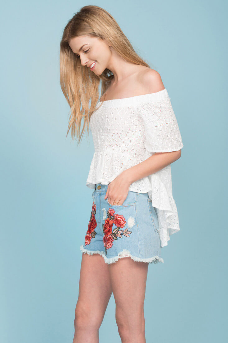 Brenna Fringe Floral Jean Shorts Blue Denim by Selfie Leslie