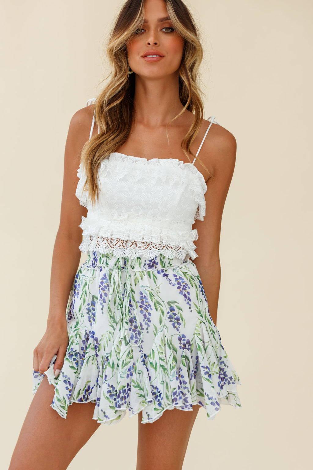 Robyn Flounce Floral Mini Skirt Wisteria Print White by Selfie Leslie